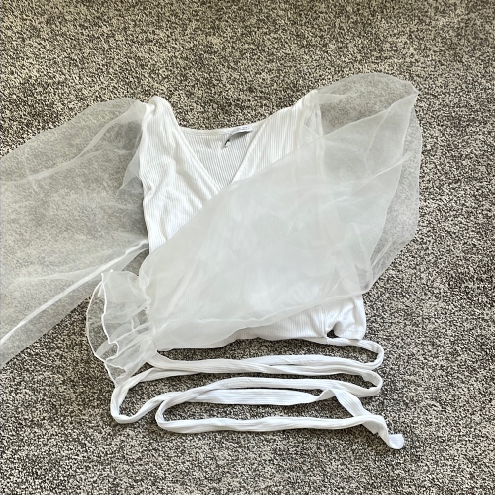 White Puff Sleeve Wrap Top